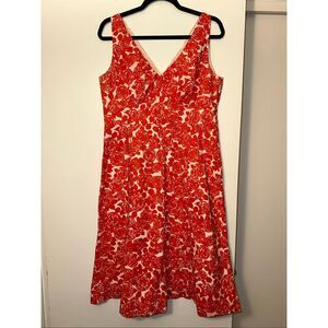 Boden Women’s Size 14 Red Rose Fit and Flare Midi Sleeveless V Neck Dress EUC